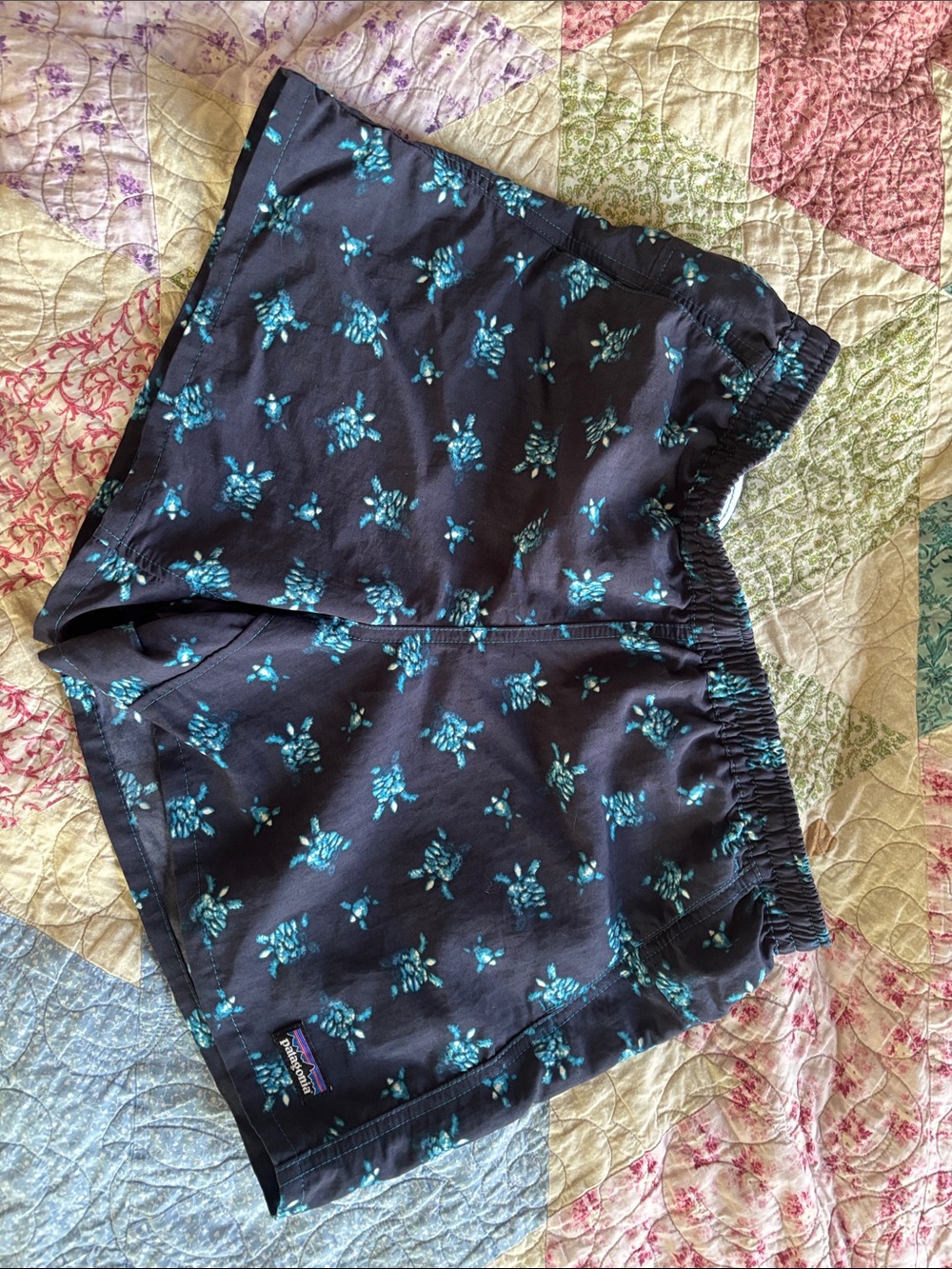 Patagonia Dark Blue Athletic Shorts with Teal Turtle Print